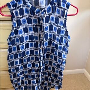 White and Blue Sleeveless Button Down Shirt with Mandarin Collar